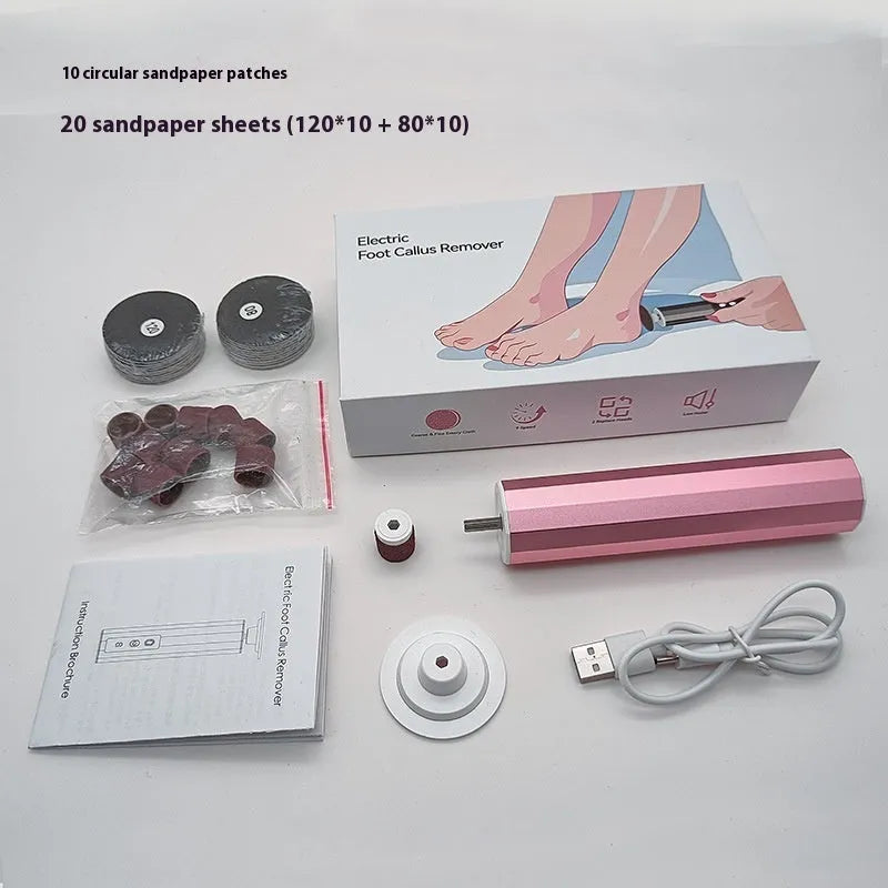 Household callus trimmer and nail manicure equipment kit in box with USB cable and grinding wheels.