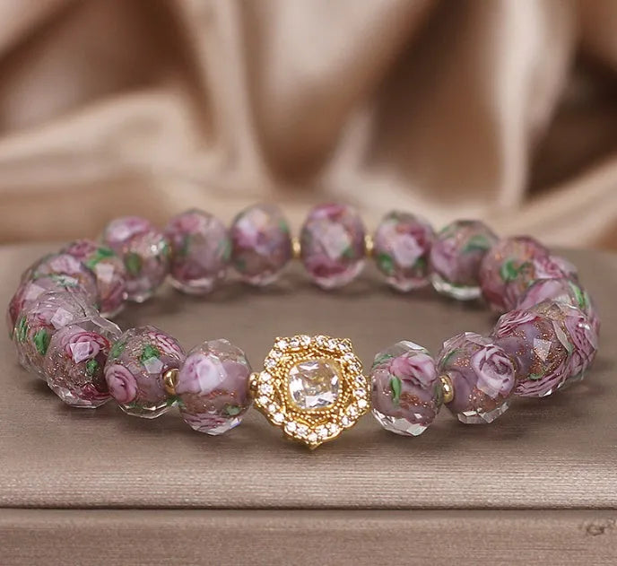 Purple electroplated glass and coloured glaze bracelet for women, original design
