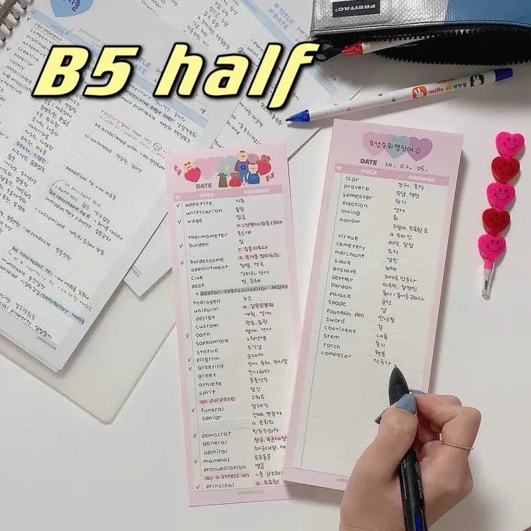 Vertical format B5 half-size notepad with English word printing in pink, purple, or blue cover options