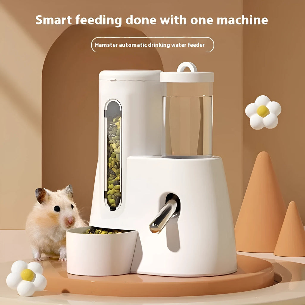 White automatic hamster drinking water feeder with integrated food basin on a stable base.