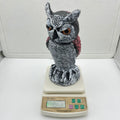 PE plastic artificial owl bird scarer ornament with shaking head, shown in bag-style mounting option.