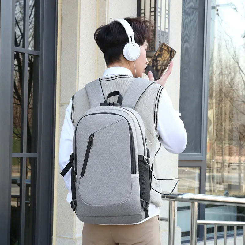 Grey Oxford cloth computer backpack with street trend design shown front view
