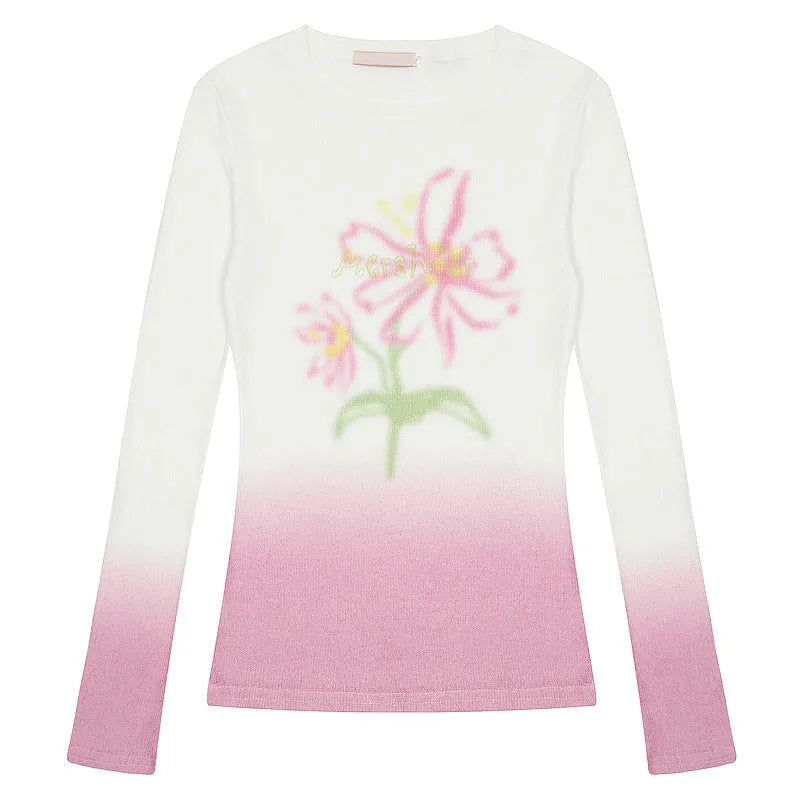 Women's gradient flower print long-sleeved T-shirt in light pink and yellow green colours