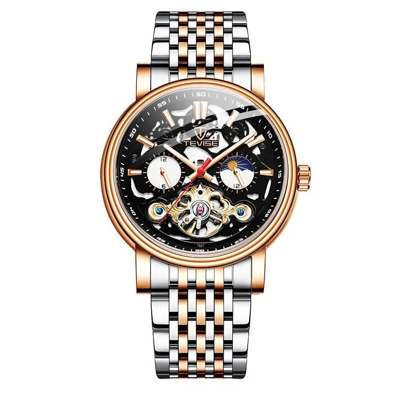 Men's black dial tourbillon mechanical watch with luminous hands on a leather strap