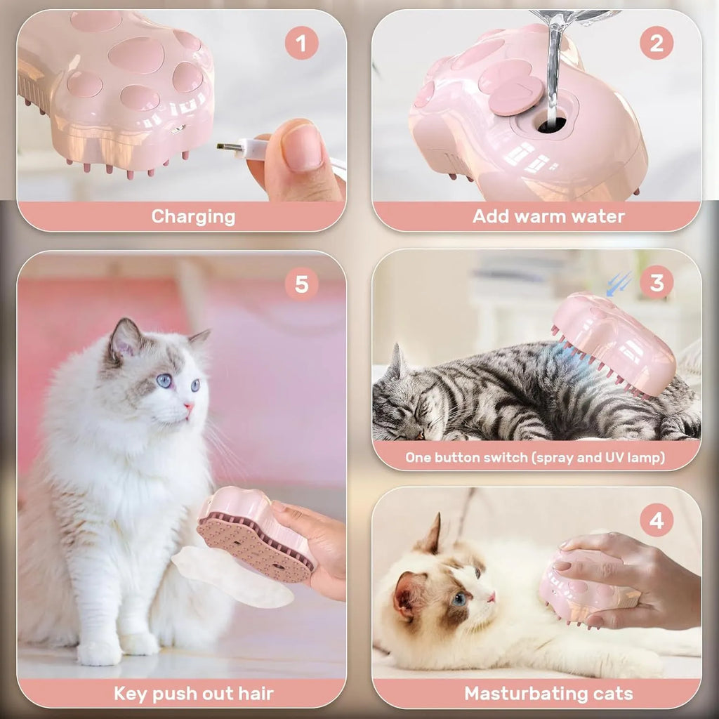 Blue self-cleaning cat steam brush with silicone massage head and water spray function.