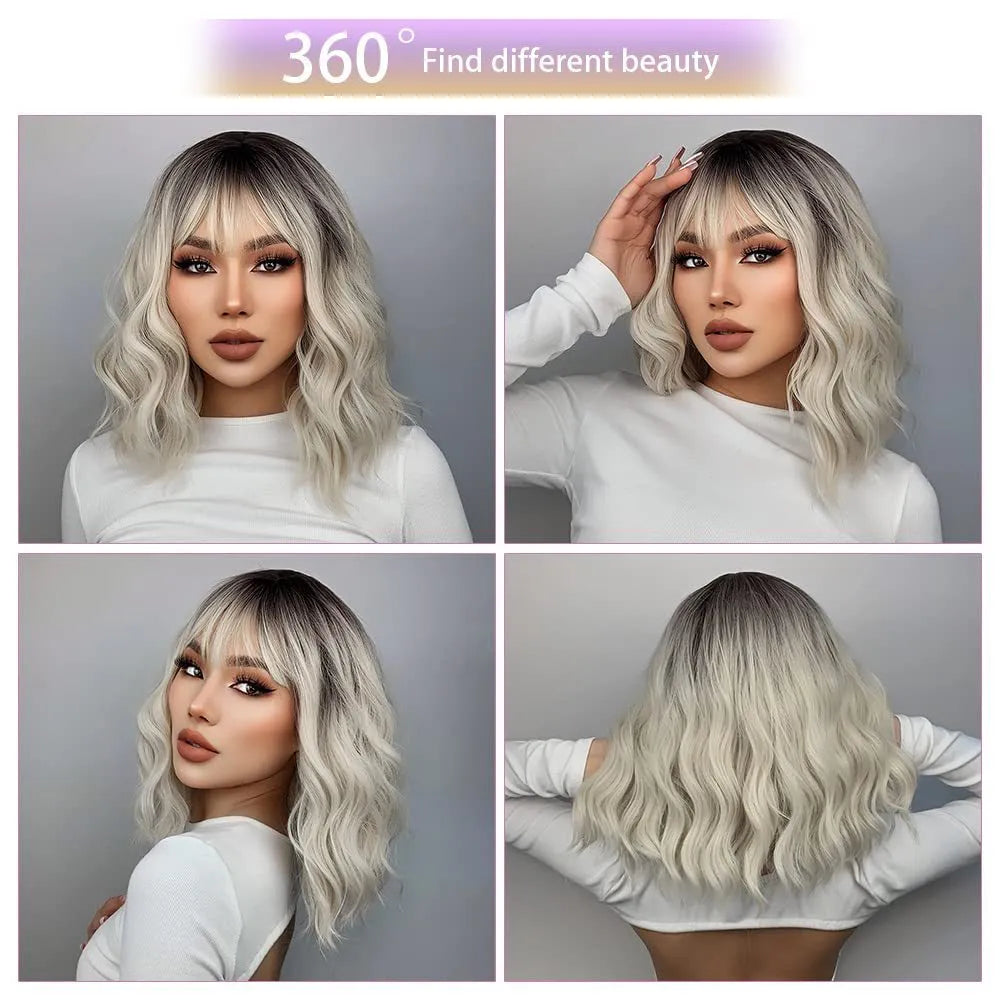 Women's ethnic style short hair wig in picture color with oblique bangs made of high temperature silk
