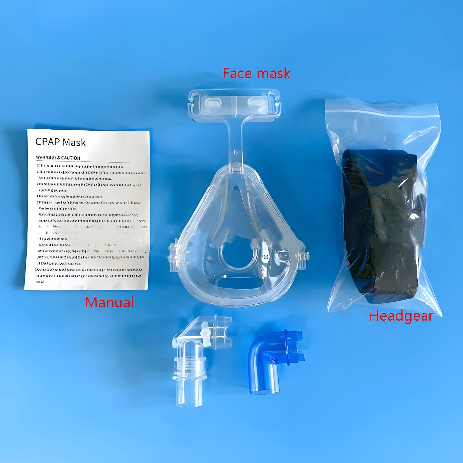 Transparent CPAP breathing mask with ventilator adapters and headgear accessory set