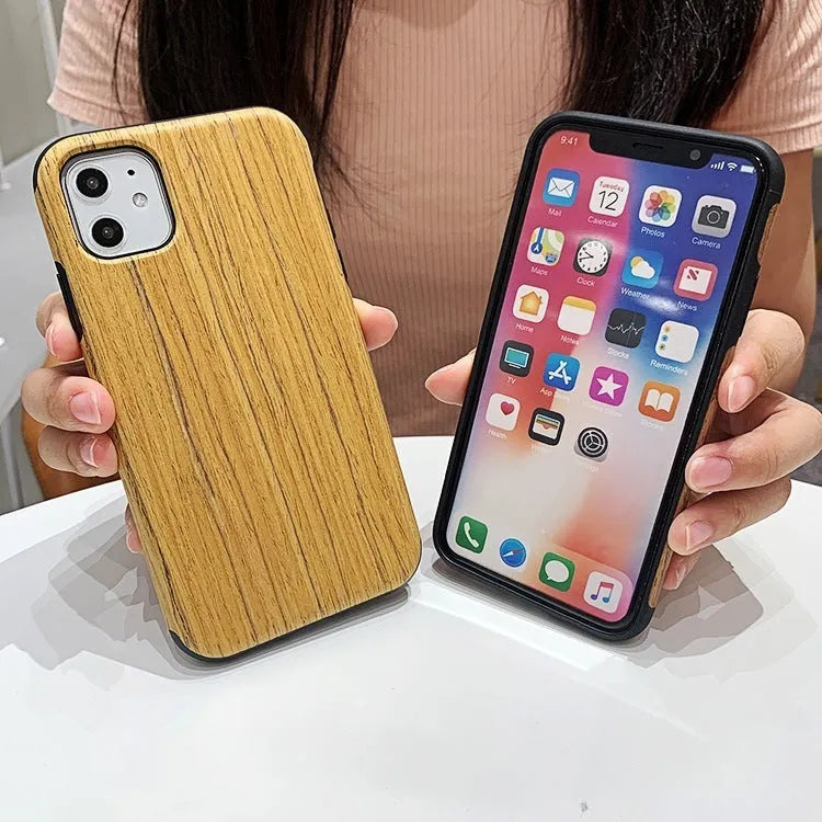 Wood phone case for iPhone showing rosewood, teak, and walnut timber options with natural grain patterns