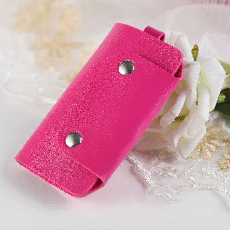Soft PU leather colour button key case in square vertical section with key bit and cover opening in plain Korean style