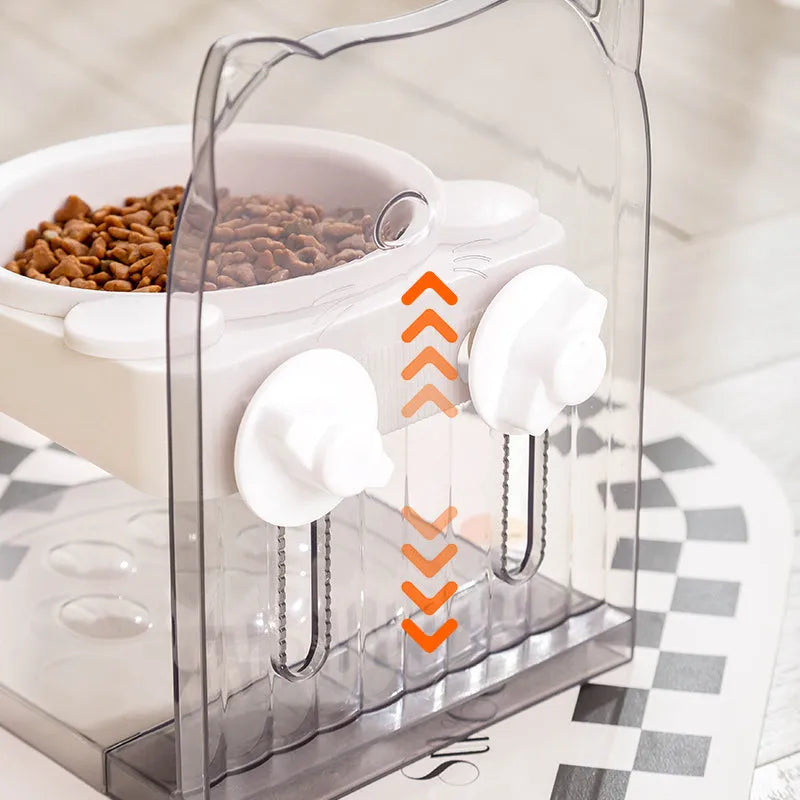 Grey cat ear pet feeding bowl in adjustable hanging cage with anti-spill design