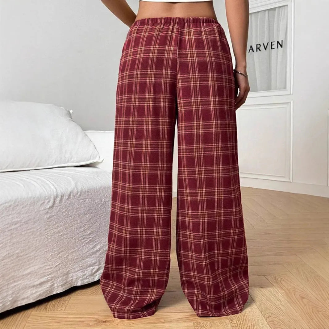 Women's casual trousers with drawstring waist and plaid pocket in red or blue