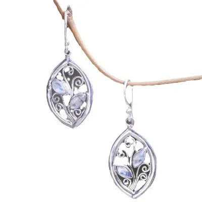 Women's silver leaves embedded colourful moonstone earrings with European American creative design