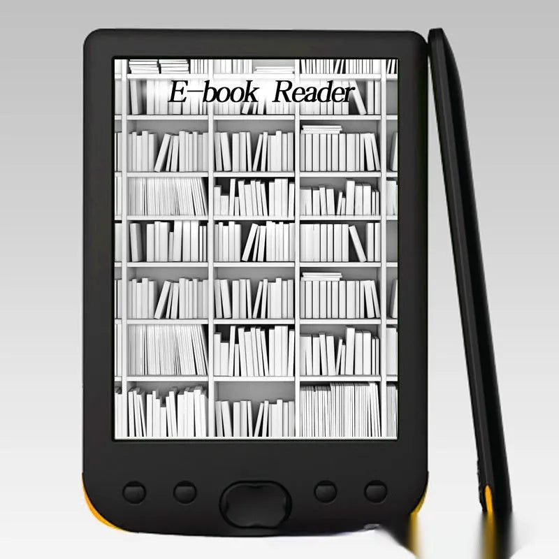 Black 6-inch e-book reader with E-ink screen and anti-glare display showing book text