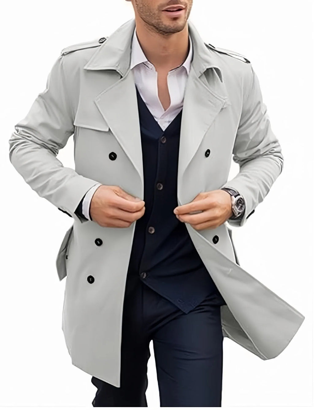 Men's double breasted mid-length polyester coat in black front view