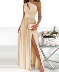 Women's apricot one-shoulder sleeveless maxi dress with high thigh split and cutout detail on mannequin.