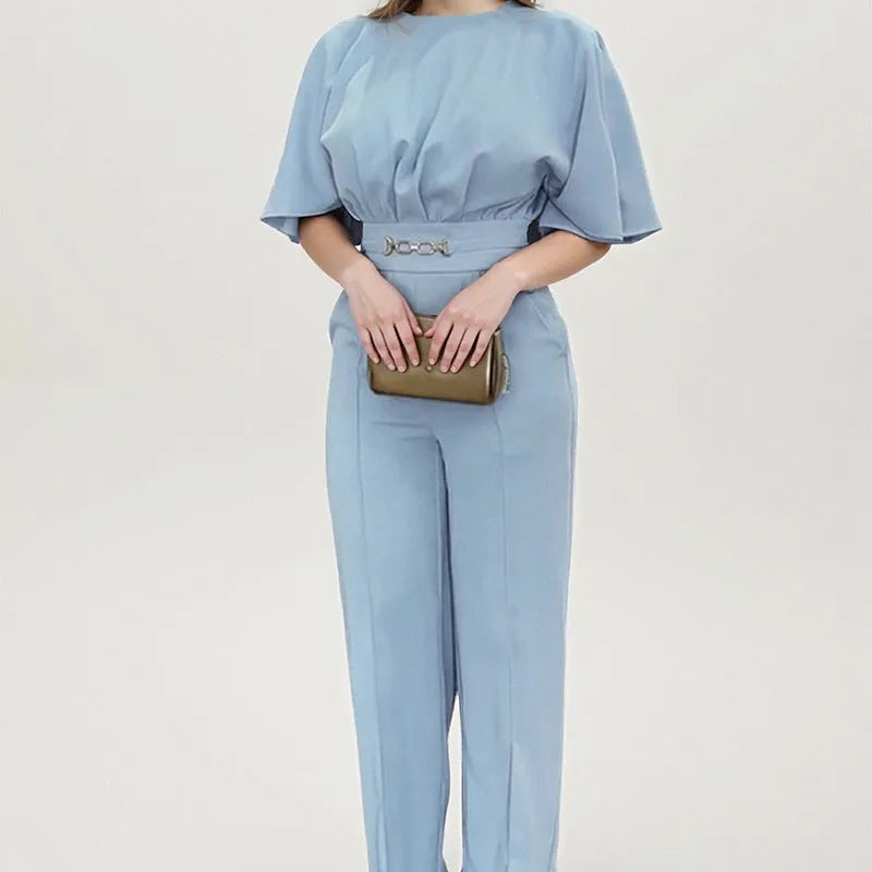 Blue polyester men's casual two-piece suit with long sleeve jacket and matching trousers