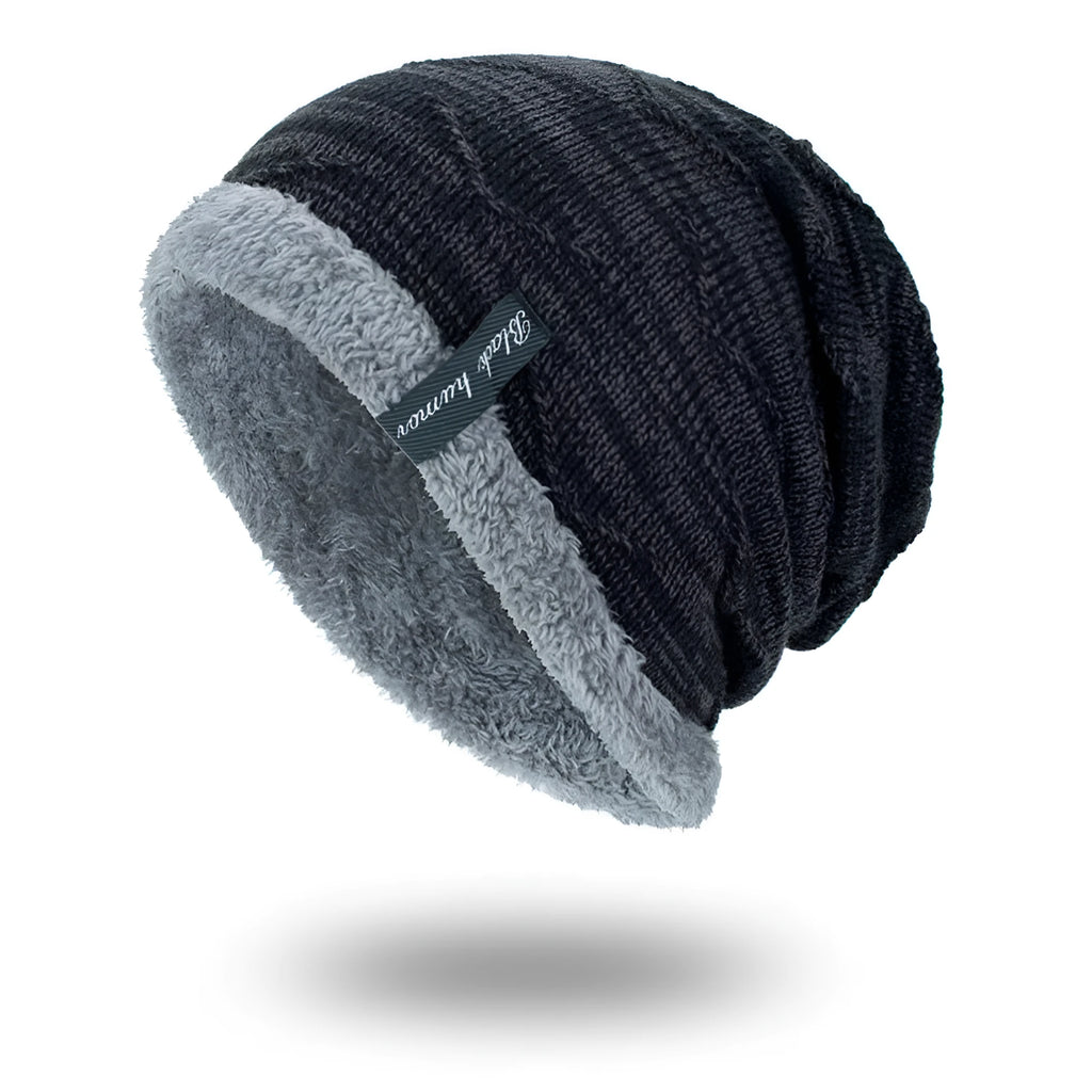 Diagonal hook knitted acrylic beanie in black, showing textured knit pattern
