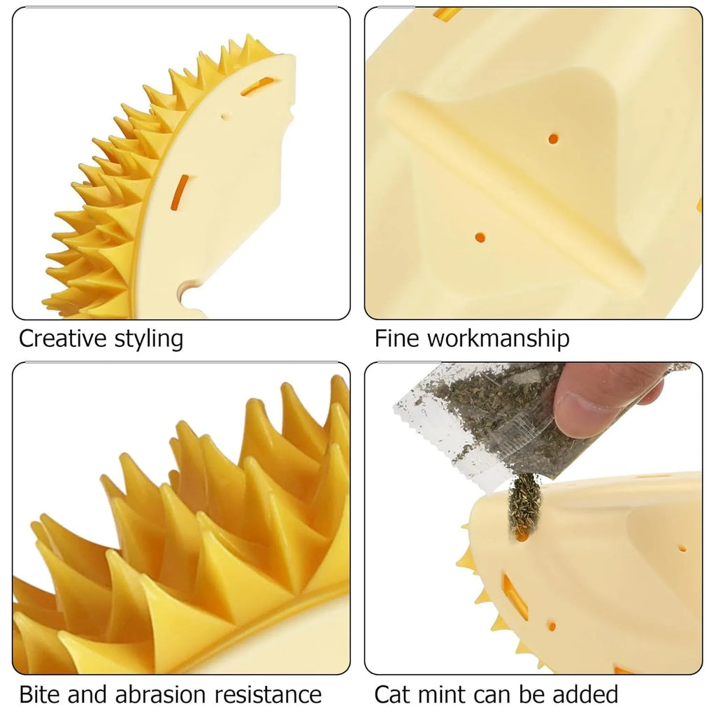Yellow durian shaped cat corner scratcher mounted on a wall with adhesive backing