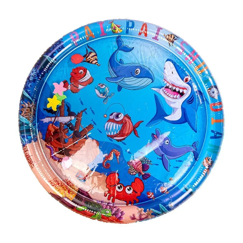 PVC inflatable water cushion pet cooling mat with shark design showing water injection valve