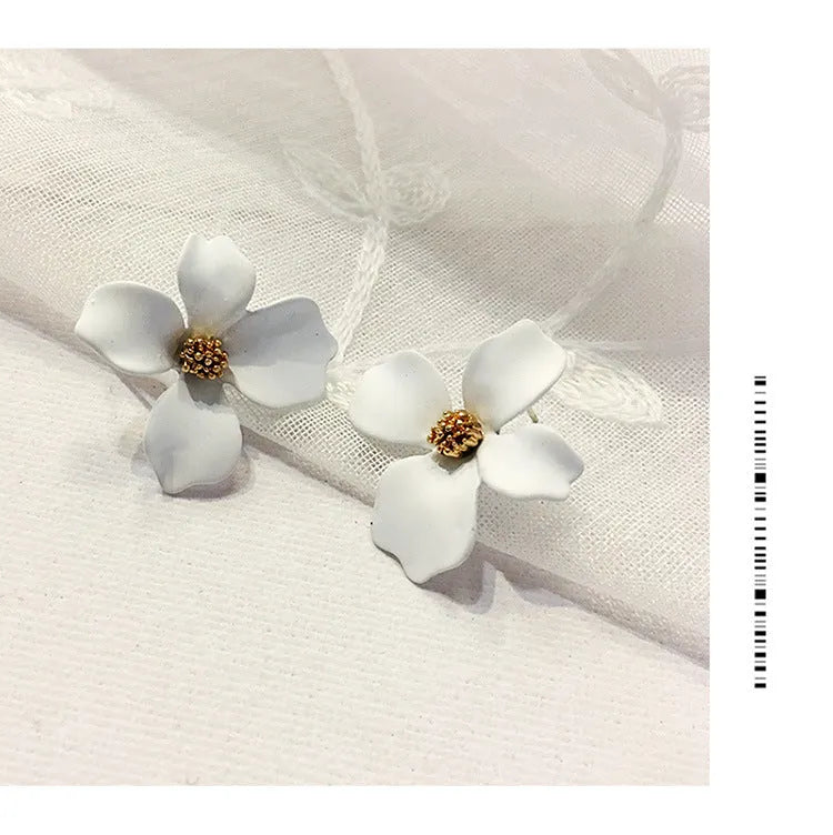 Alloy flower stud earrings for women in white or pink electroplated colour options