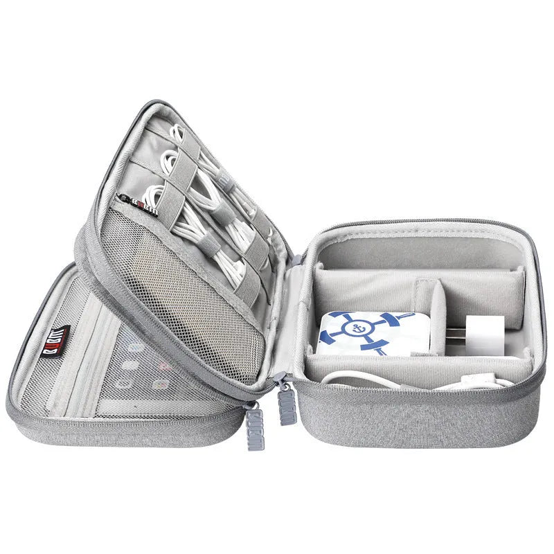 Black and grey EVA digital storage bag for organising headphones, cables, and small electronics.