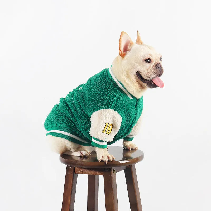 Green fleece-lined cotton dog winter clothing shown in larger size for cold weather walks