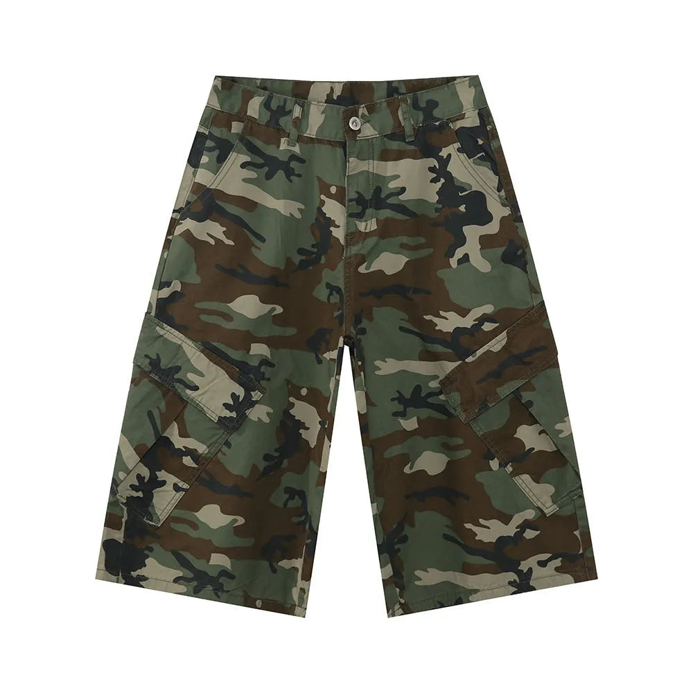 Men's camouflage cotton cropped jeans with wide leg fit and side stitching detail