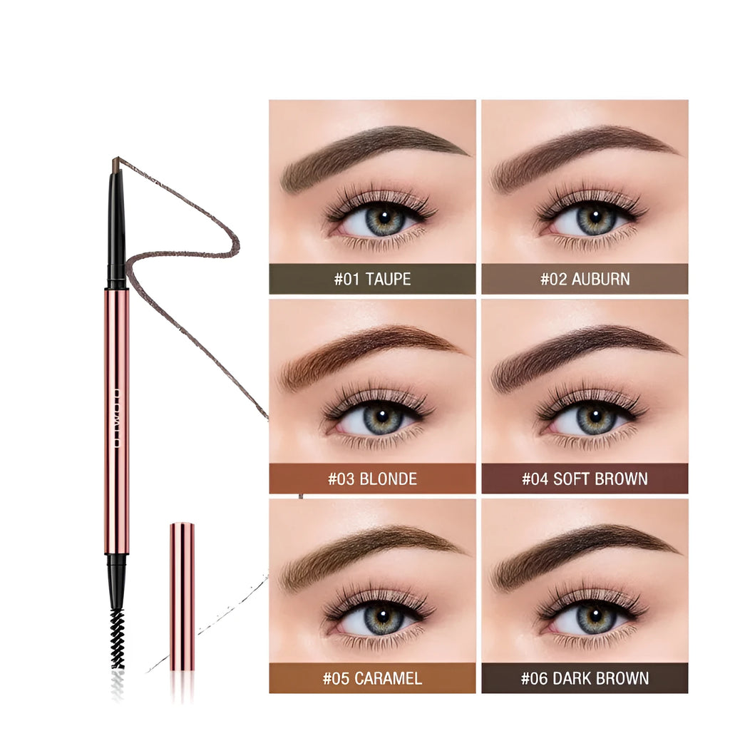 Eyebrow make-up pencil set showing six colour shades in slim pencil design with colour box packaging