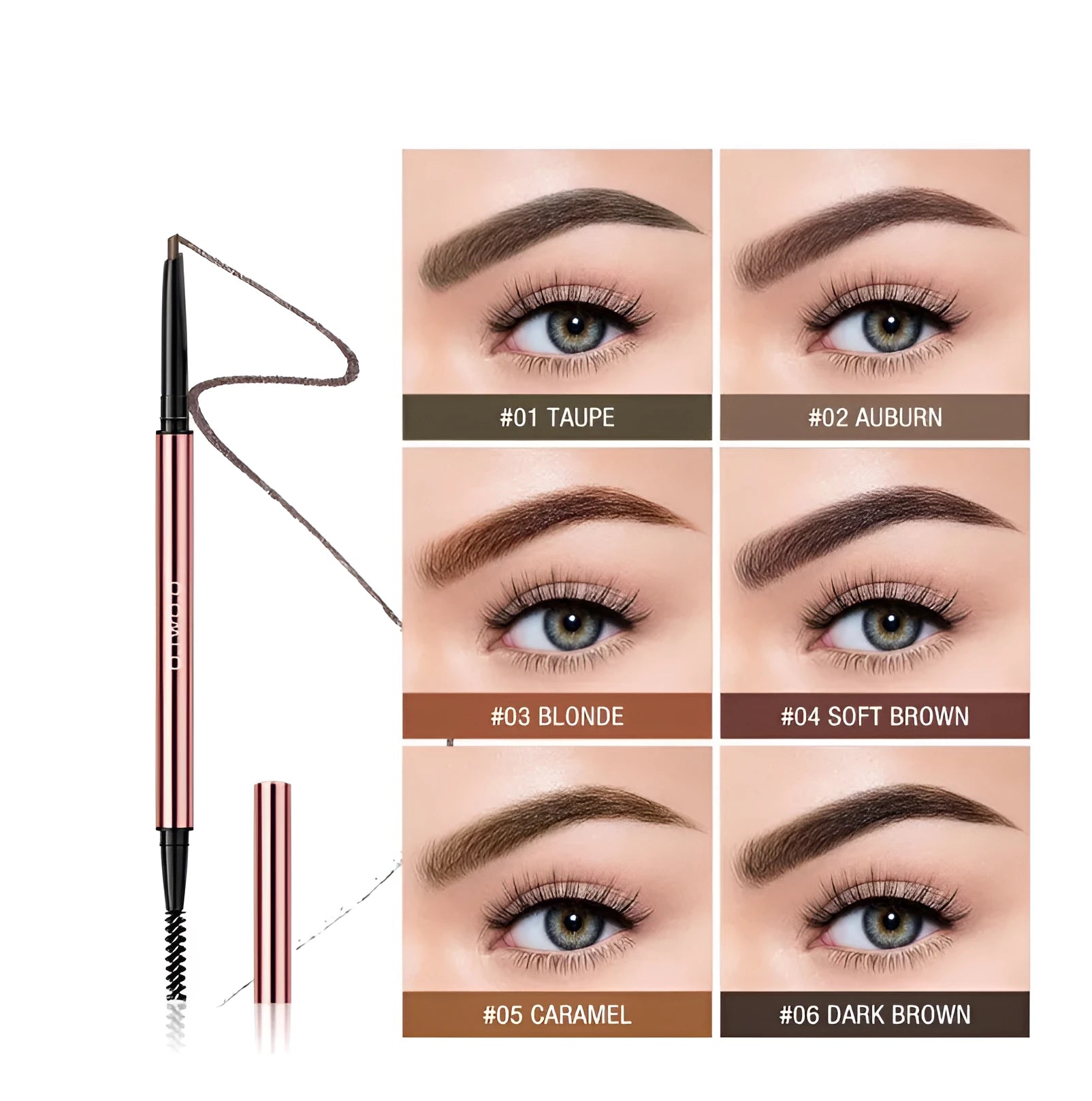 Eyebrow make-up pencil set showing six colour shades in slim pencil design with colour box packaging