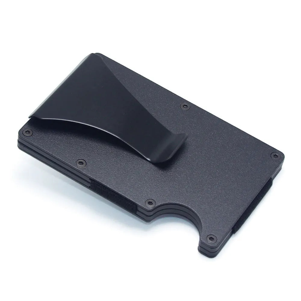 Geometric aluminium carbon fibre card holder with 8mm thickness showing black silver red colour options