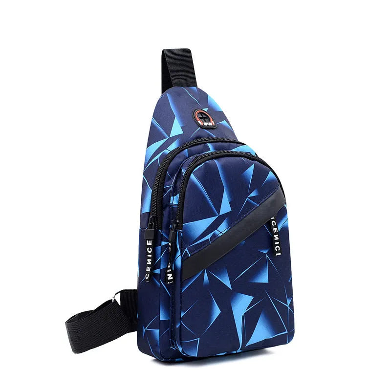 Men's black print sling chest bag with earphone hole and zipper, showing inner patch pocket.