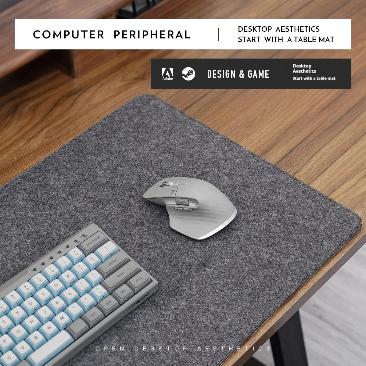 Japanese-style felt cork oversized desk mat mouse pad in black and grey pattern showing 5mm thickness