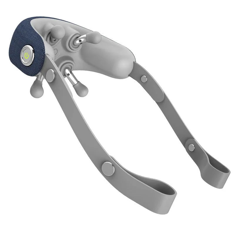 Dark blue rechargeable neck massager with imitation hand grip for home use on a neutral background