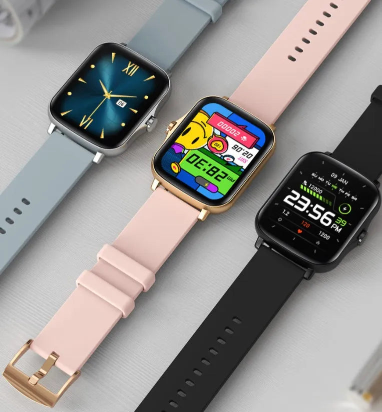 Black smart watch with 1.7-inch colour touch screen on adjustable strap, showing fitness tracking interface.