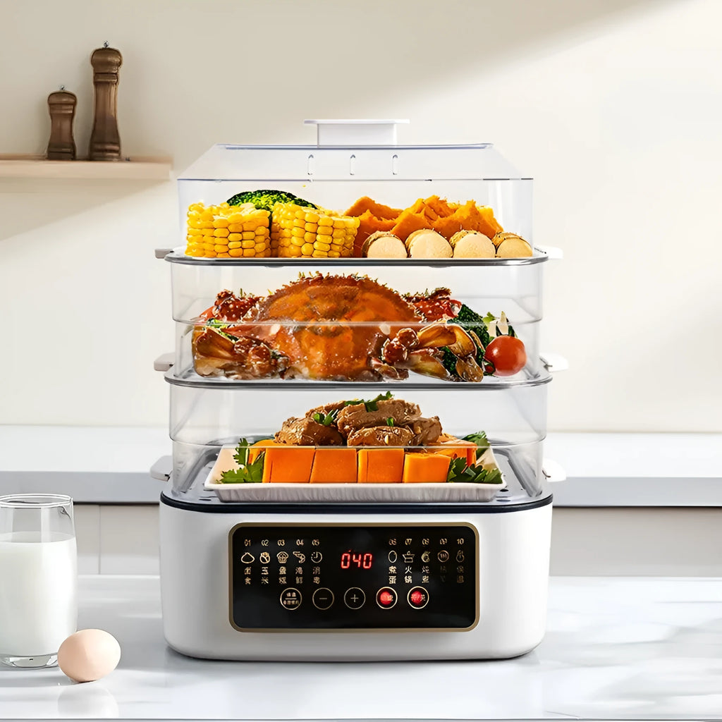 Household electric food steamer with stainless steel rack and compact design