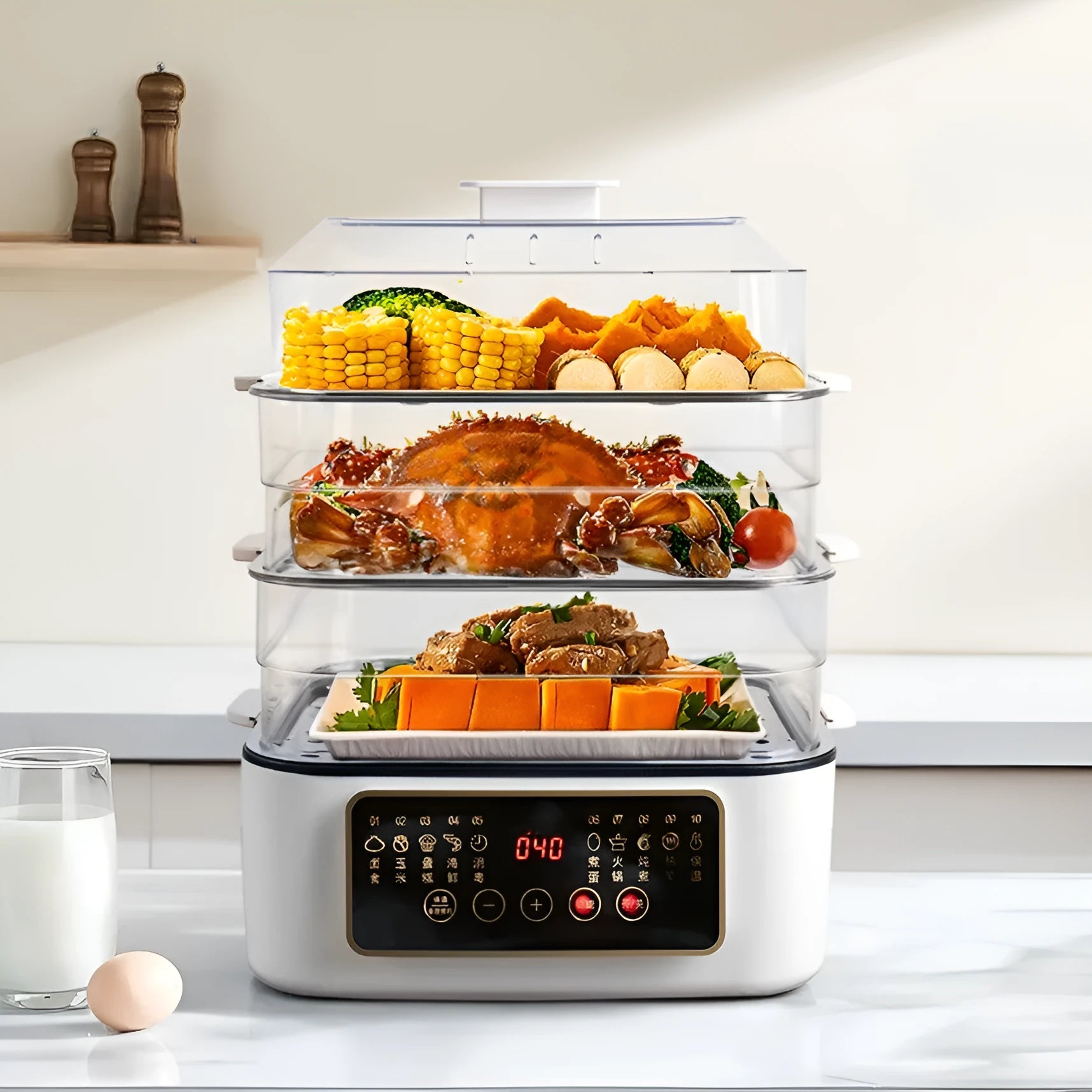 Household electric food steamer with stainless steel rack and compact design
