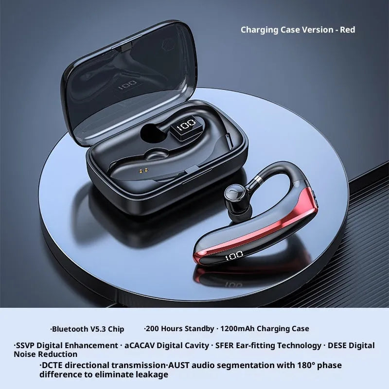 High-gloss black single-ear bone conduction sports Bluetooth headset with digital display and breathing light