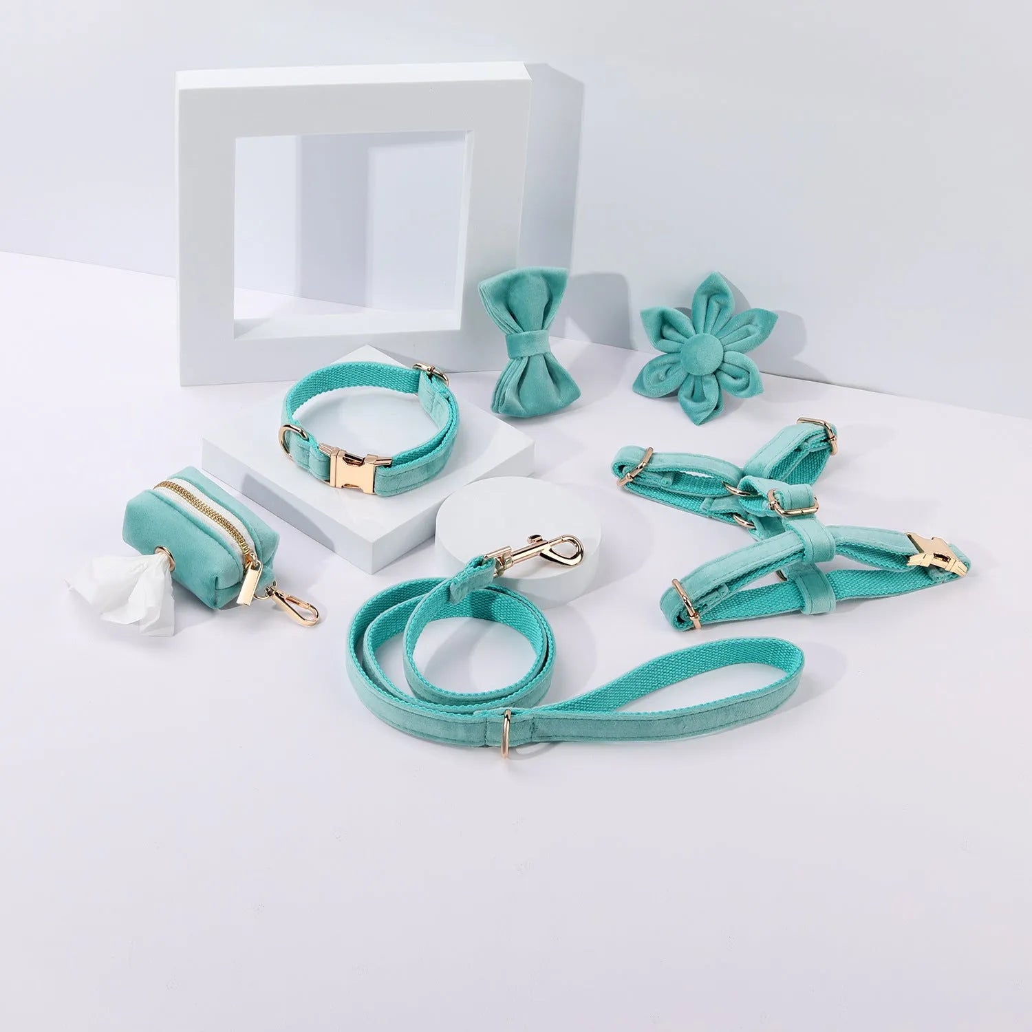 Classic velvet pet collar and traction rope harness set with decorative bow tie and flower for dogs and cats
