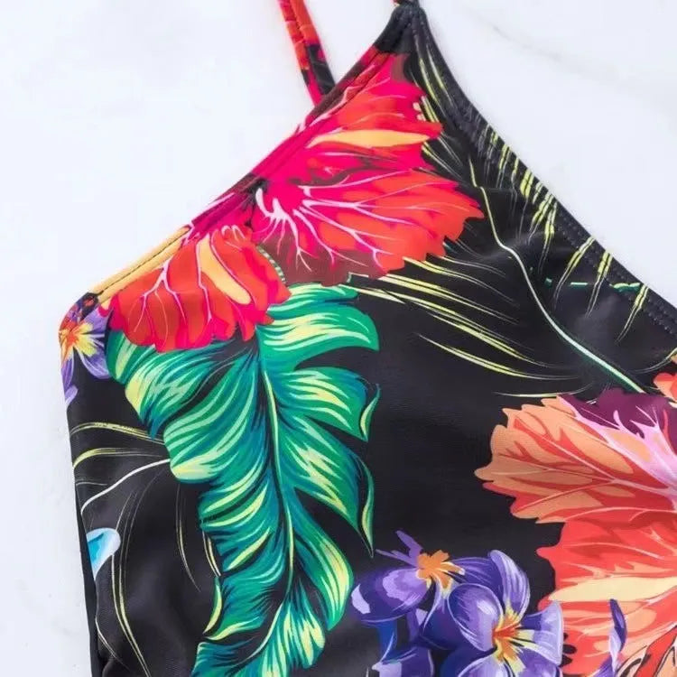 Women's black high waist briefs printed split bikini for sports and swimming activities