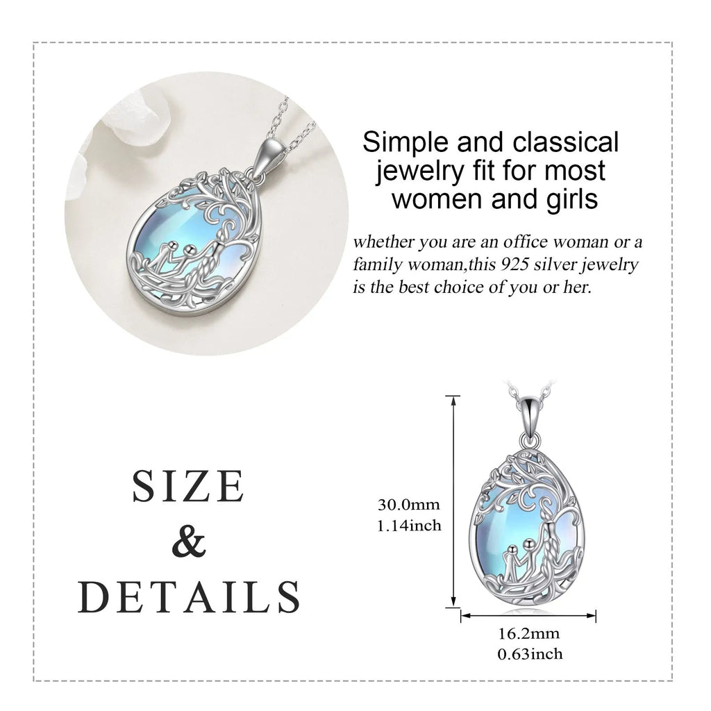 Sterling silver moonstone tree of life pendant with white gold plating on 18-inch cable chain