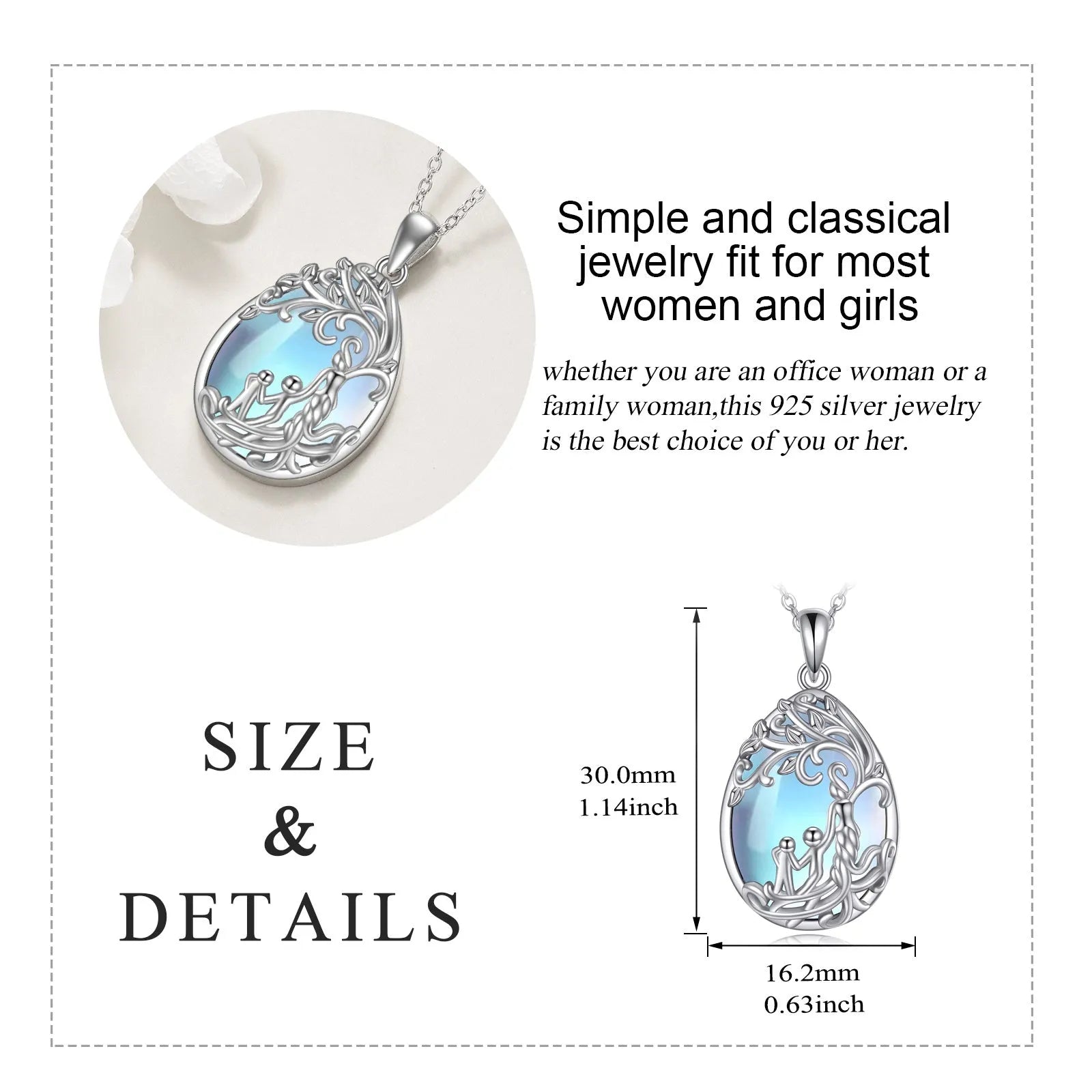 Sterling silver moonstone tree of life pendant with white gold plating on 18-inch cable chain