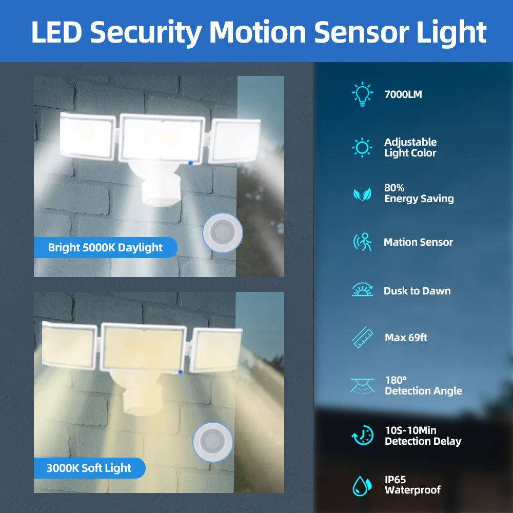 White or black outdoor LED flood light with motion sensor for wall or ceiling mounting.