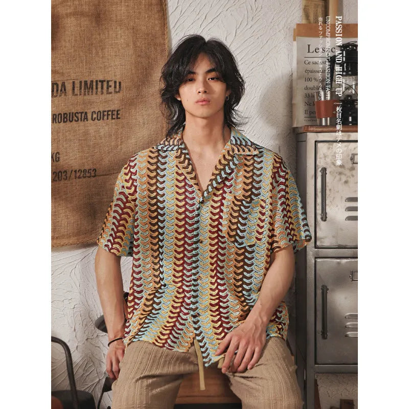 Japanese style men's Cuban collar short sleeve shirt with patterned jacquard fabric in grey colour
