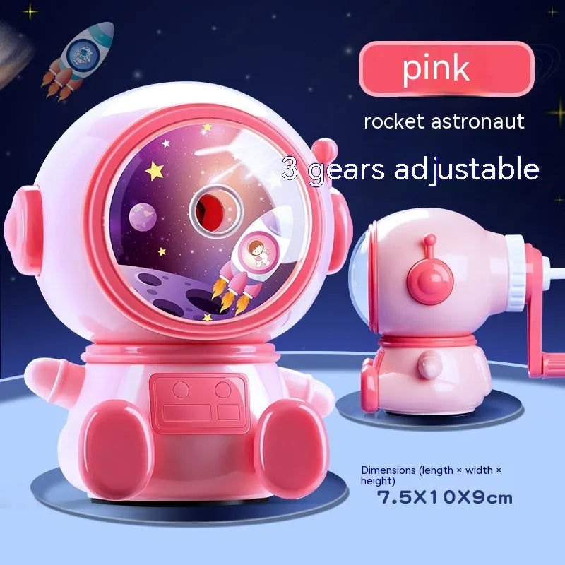 Cartoon astronaut pencil sharpener in blue or pink colours with manual operation