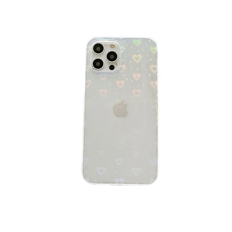 Transparent silicone iPhone case with laser colourful love design showing butterfly and clear colour options
