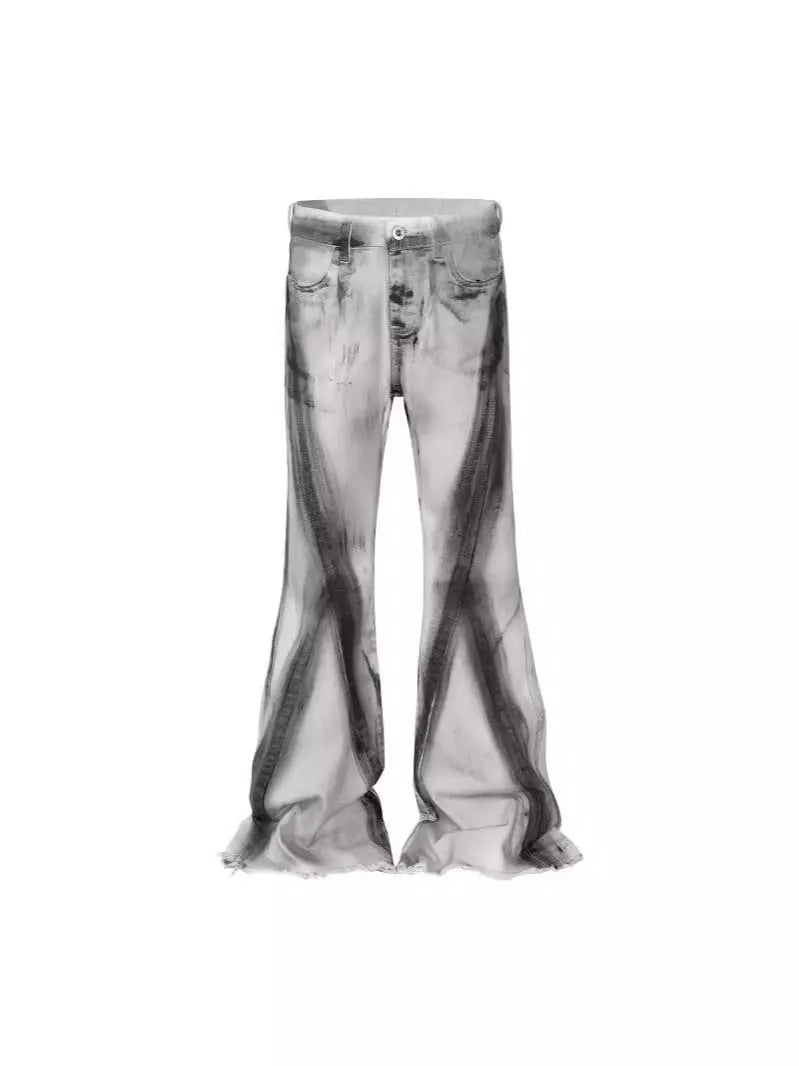 White retro heavy selvedge jeans with a black ribbon gradient wash and zip fly.