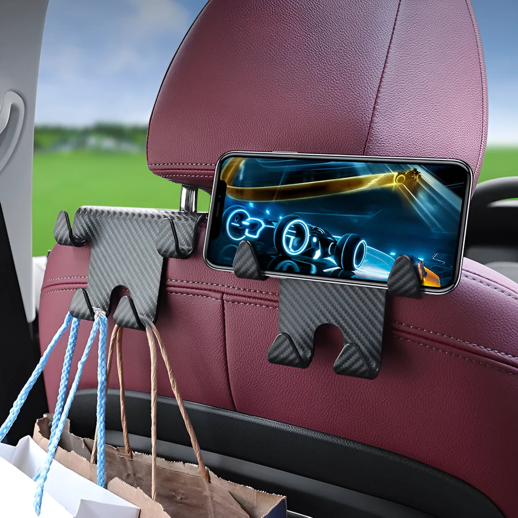 Black ABS car multifunction hook with carbon fibre pattern and integrated phone bracket for rear seat storage.