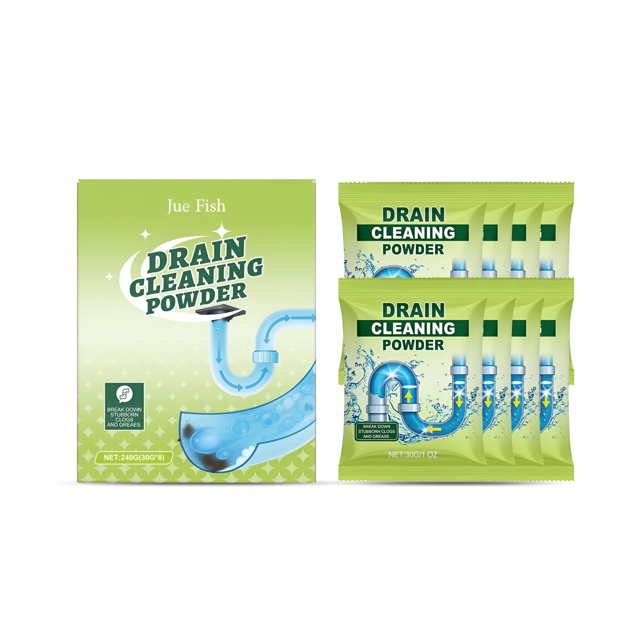 240g pack of drain cleaning powder showing eight individual 30g sealed sachets