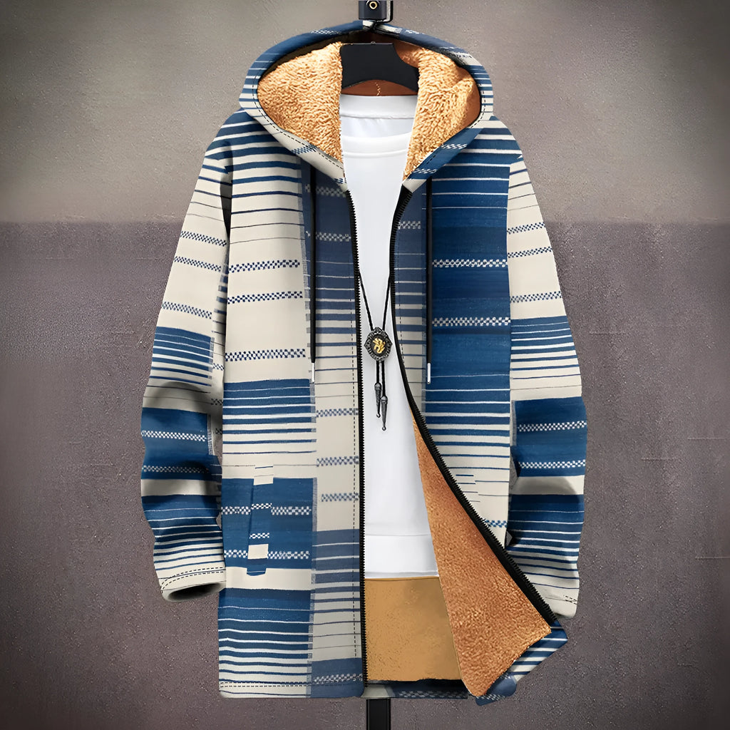 Man wearing a multicolour printed hooded cardigan with a zip front closure.