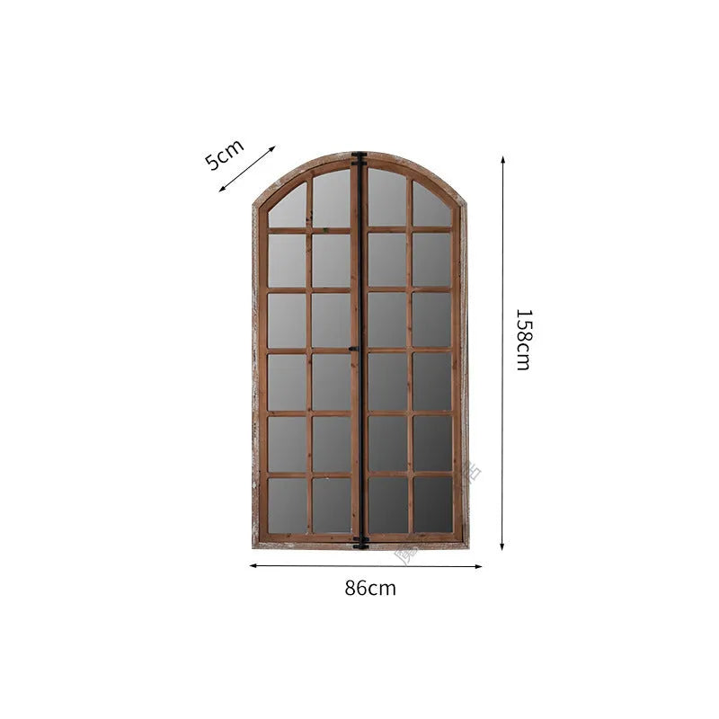 Terrace style distressed wooden frame fake window wall mirror in log colour